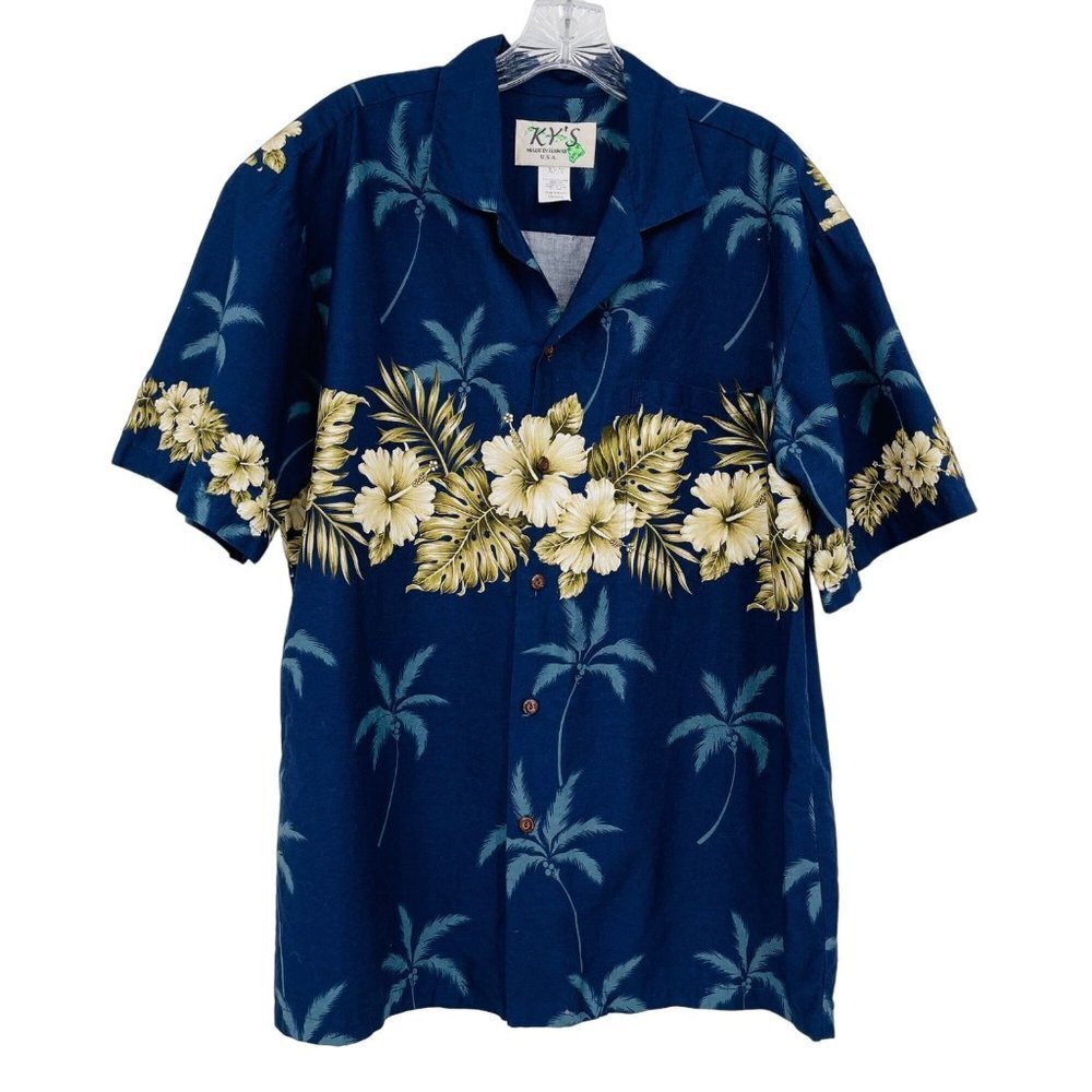 Vintage KY'S Men's Hibiscus Hawaiian Cotton Shirt Size L Camp Tropical Vacation‎